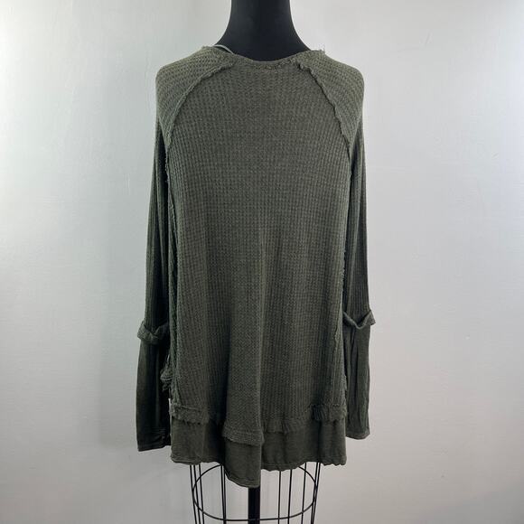 We The Free People Laguna Green Top Waffle Deep Neck Raglan Sleeve Size Small S - Picture 8 of 11